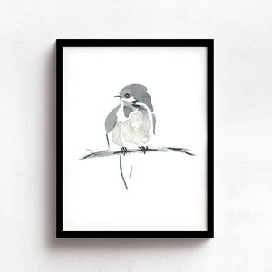 Little Bird Minimalist Print from My Original Watercolor, Black and White Bird Watercolor Print, Grey Neutral Tones, Neutral Gray Wall Art image 2