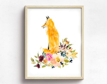 Fox Floral Watercolor Print, Fox And Flowers Watercolor Print, Flower Watercolor, Red Fox Print, Fox Floral Art, Red Fox Wall Art, Fox Art