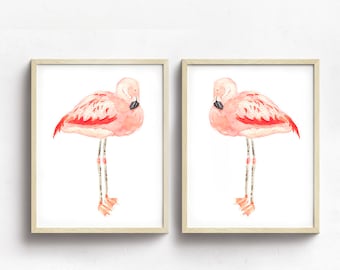 Two Print Set, Paired Flamingo Prints, Pink and Coral Watercolor Prints, Pink Flamingo Wall Art Decor, Pink Flamingo Nursery Art, Tropical