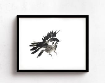 Chickadee Minimalist Watercolor Print, Little Chickadee Watercolor, Bird Watercolor Print, Black And White Minimalist Watercolor Bird Print