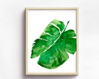 Banana Leaf Watercolor Print, Tropical Green Leaf Wall Art
