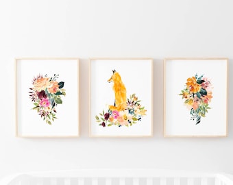 Three Print Bundle, Woodland Watercolor Art Prints, Floral Watercolor Art Prints, Fox And Flowers Wall Art Collage, Flower Bouquet Art Print