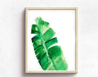 Banana Leaf Watercolor Print, Tropical Green Leaf Wall Art