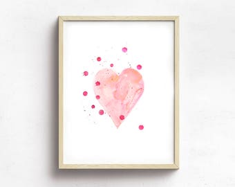Pink Heart Watercolor Nursery Print, Baby Room Decor