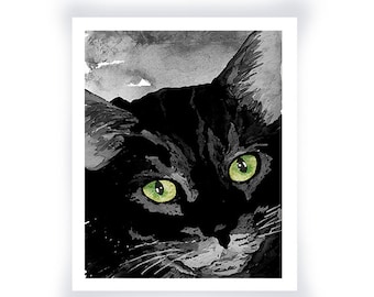 Black Kitty Print from an Original Watercolor, Halloween Black Cat Print