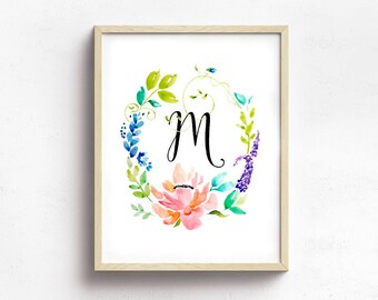 Personalized Floral Initial Watercolor Wreath, Flower Watercolor Initial Monogram Print, Flower Monogram Wreath, Floral Monogram Wreath, Art