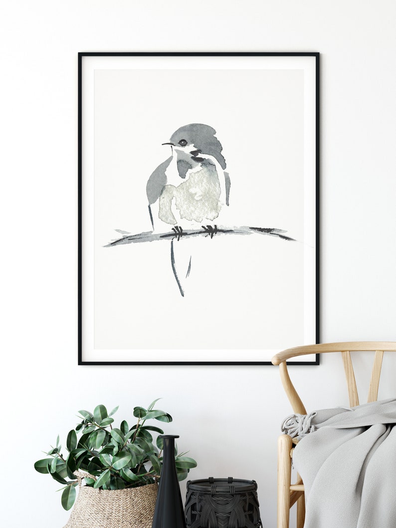 Little Bird Minimalist Print from My Original Watercolor, Black and White Bird Watercolor Print, Grey Neutral Tones, Neutral Gray Wall Art image 3