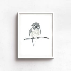 Little Bird Minimalist Print from My Original Watercolor, Black and White Bird Watercolor Print, Grey Neutral Tones, Neutral Gray Wall Art image 4