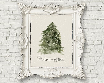 Oh Christmas Tree Watercolor Print For Holiday Decorating, Snowy Evergreen Christmas Tree Wall Art Print