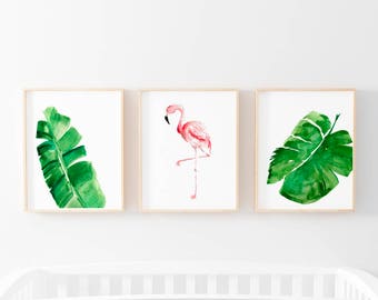 Three Print Bundle, Flamingo And Tropical Banana Leaf Prints,Tropical Nursery Print, Flamingo And Monstera Leaves Watercolor Art Prints