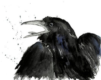 Raven Print From Original Watercolor, Raven Wall Art, Black Bird Watercolor, Black and White Crow , Dark Wall Art Home Decor, Raven Print