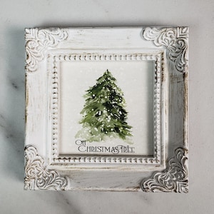 Mini Framed Christmas Tree Print From Original Watercolor Painting, Oh Christmas Tree Art Print,  Small Framed Holiday Snowy Tree Print