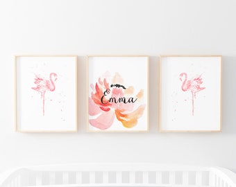 Three Print Bundle, Custom Personalized Name Watercolor Floral, Flower Watercolor With Personalized Name,  Flower And Name Watercolor Prints