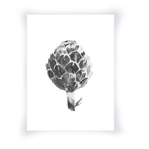 Watercolor Artichoke Black And White Print, Home Decor Food Watercolor Artichoke, Watercolor Food Art, Black And White Food Art Print