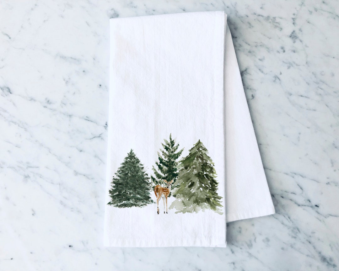 Fawn and Trees Rustic Holiday Kitchen Tea Towel for Home Decor, Rustic ...