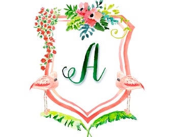 Customize-able Tropical Initial Monogram Print, Floral Letter Art, Floral Family Crest, Flamingo Floral Monogram Art, Heraldry Crest Shield