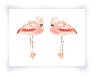 Horizontal Landscape View Two Flamingos, Paired Flamingos Landscape Wall Art, Pink Flamingo Watercolor Print For Home Decor