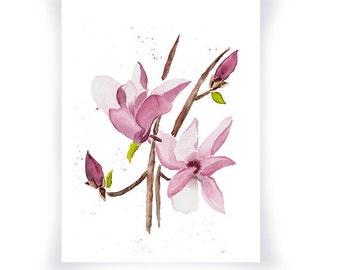 Tulip Tree Flowers Print from Original Watercolor, Spring Flower Art Print, Watercolor Art Print, Magnolia Tree Wall Art Decor, Pink  Flower