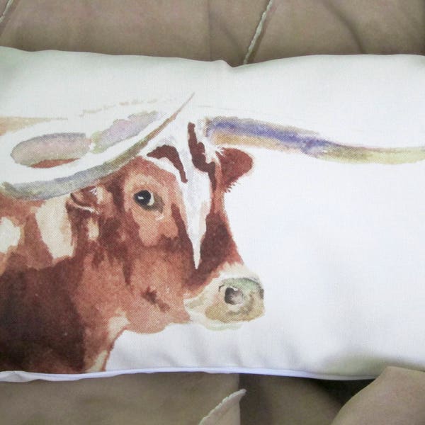 Longhorn Watercolor Pillow Cover: Rustic Ranch Decor Accent Pillow