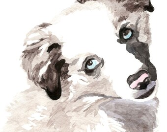 May include: Watercolor painting of a white and brown puppy with blue eyes, looking to the side. The puppy's head is tilted and its tongue is slightly sticking out.