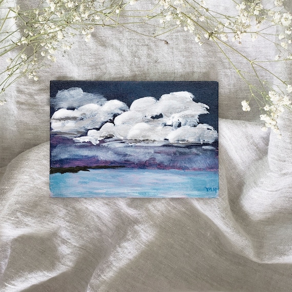 Original Acrylic Painting On Canvas Board Of Clouds and Ocean With Pink Sunset