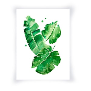 Banana Leaves Watercolor Print, Green Wall Art Home Decor, Green Watercolor Leaf Art Print, Monstera Watercolor Art, Tropical Leaves Decor