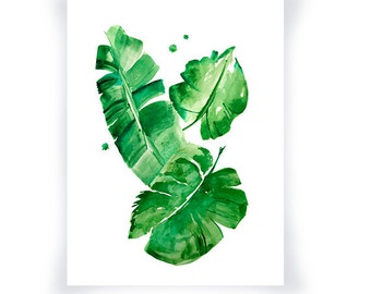 Banana Leaf Watercolor Art Print, Tropical Green Home Decor