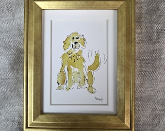 Golden Retriever Framed Print from Original Watercolor Pen and Ink Illustration, Whimsical Small Framed Pet Portrait, Golden Retriever Art