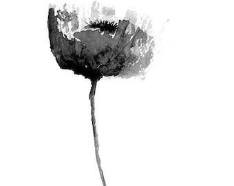 Black and White Poppy Print from Original Watercolor, Flower Print Wall Art, Home Decor Wall Design, Flower Print, Minimalist Modern Art