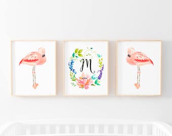 Three Print Bundle, Flamingos And Floral Initial Watercolor Print, Flower Watercolor Initial Monogram Print, Nursery Initial Print, Flamingo