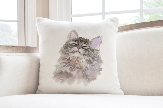 Cat Watercolor Accent Pillow Cover, Sleepy Kitty Cat Portrait Home Decor Pillow Cover