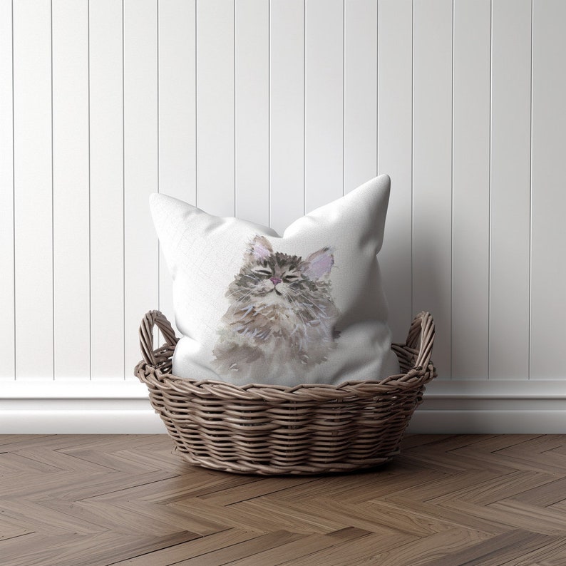 Cat Watercolor Accent Pillow Cover, Sleepy Kitty Cat Portrait Home Decor Pillow Cover image 2