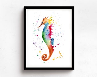 Seahorse Watercolor Wall Art Print For Home Decor, Seahorse Painting Print, Colorful Watercolor Seahorse, Ocean Seahorse Art Print,