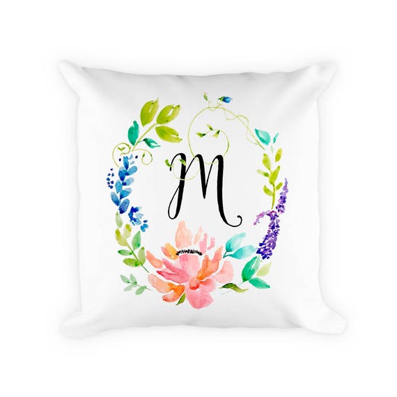 Customizable Floral Wreath Initial Monogram Decorative Accent Throw Pillow,  Home Decor Pillow Cover, Flower Monogram Letter Accent Pillow