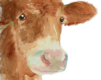 Cow Art Print from Original Watercolor, Cow Wall Art, Country Life Decor, Rranch Style Decor, Calf  Portrait, Giclee Print Farm Animal