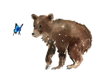 Bear Cub And Butterfly Print From Original Watercolors, Bear Wall Art Home Decor, Children's Room Wall Art, Nursery Wall Art Print