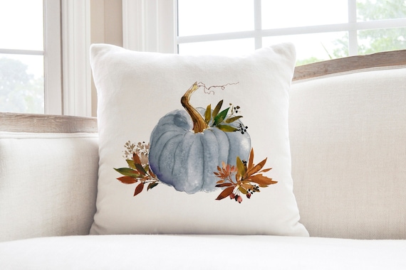 Gray Blue Pumpkin Accent Pillow Cover: Watercolor Fall Leaves