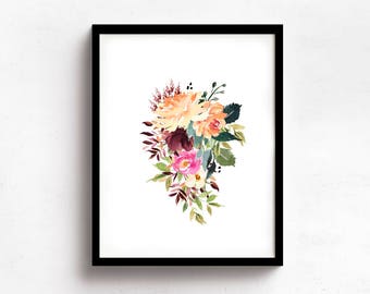 Floral Bouquet Watercolor Art Print, Botanical Wall Decor