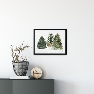Fawn And Trees Wall Art Print, Rustic Woodlands Deer And Evergreen Forest Wall Art, Rustic Deer Tree Art, Holiday Trees And Fawn Wall Art image 2