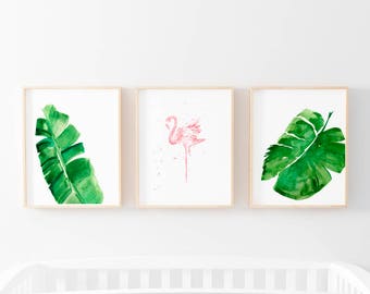 Three Print Bundle, Flamingo And Tropical Banana Leaf Prints,Tropical Nursery Print, Flamingo And Monstera Leaves Watercolor Art Prints