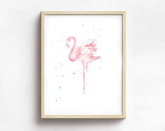 Pink Flamingo Watercolor Art Print, Nursery Decor