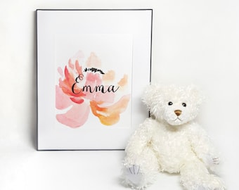 Custom Personalized Name Watercolor Floral, Flower Watercolor With Personalized Name,  Flower And Name Watercolor Print,Custom Nursery Decor