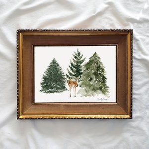 Fawn And Trees Wall Art Print, Rustic Woodlands Deer And Evergreen Forest Wall Art, Rustic Deer Tree Art, Holiday Trees And Fawn Wall Art image 1