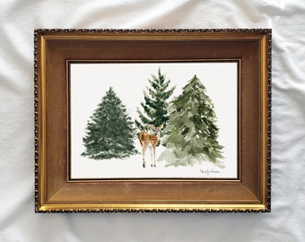 Fawn And Trees Wall Art Print, Rustic Woodlands Deer And Evergreen Forest Wall Art, Rustic Deer Tree Art, Holiday Trees And Fawn Wall Art