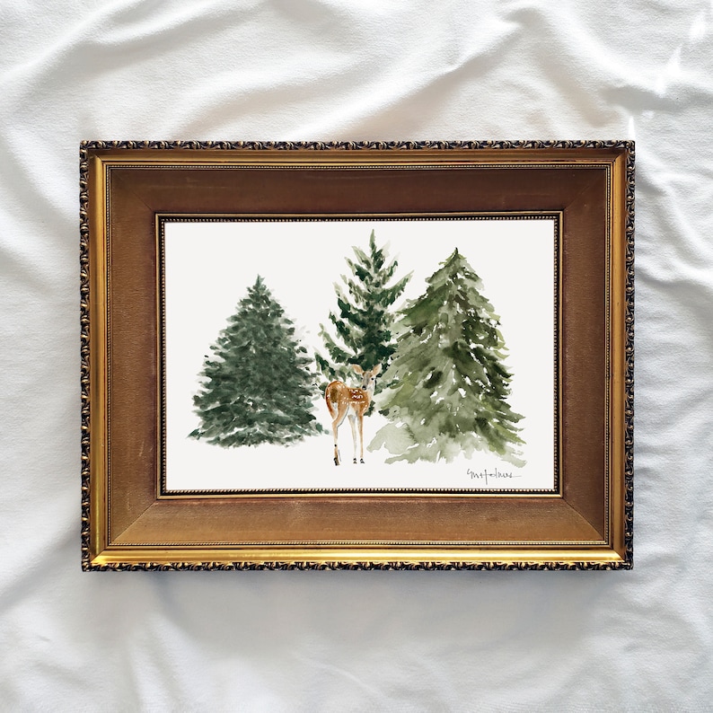 Fawn And Trees Wall Art Print, Rustic Woodlands Deer And Evergreen Forest Wall Art, Rustic Deer Tree Art, Holiday Trees And Fawn Wall Art image 1