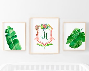 11 x 14 and 8 x 10 Three Print Bundle, Tropical Banana Leaf Prints, Tropical Monogram Nursery Print, Tropical Family Shield Crest