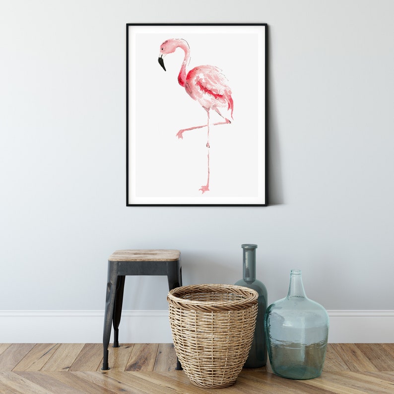 Pink Flamingo Watercolor Painting Print, Flamingo Wall Art Home Decor, Pink Coral Flamingo Wall Art Print, Coastal Art Print, Beach Art image 1