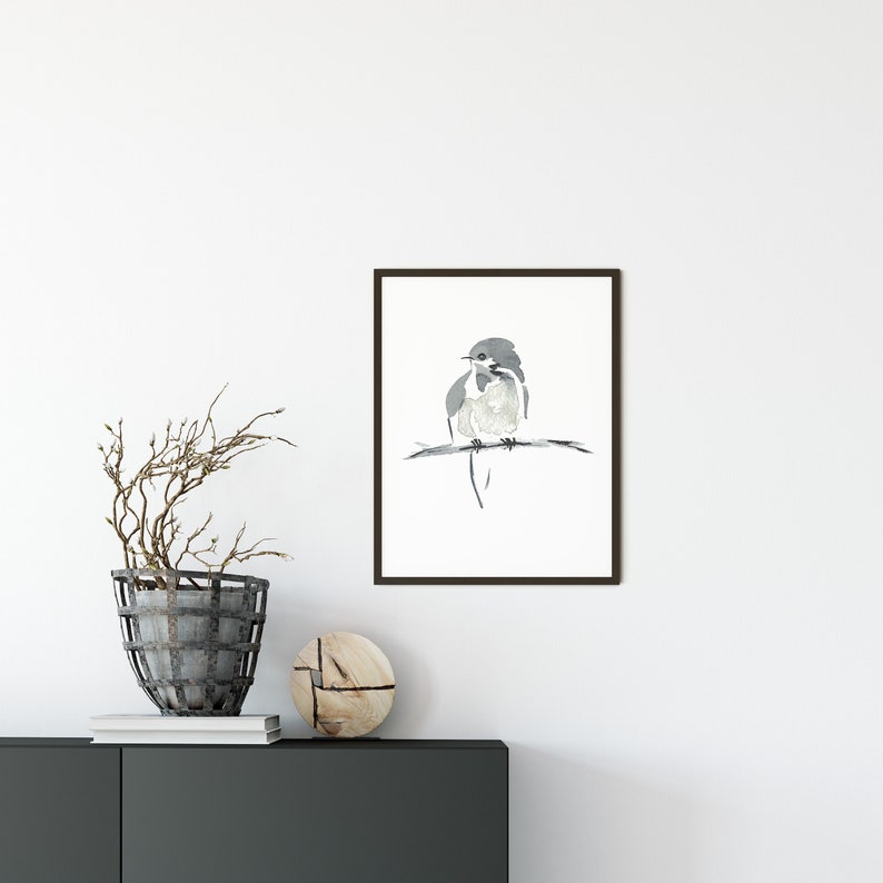 Little Bird Minimalist Print from My Original Watercolor, Black and White Bird Watercolor Print, Grey Neutral Tones, Neutral Gray Wall Art image 1