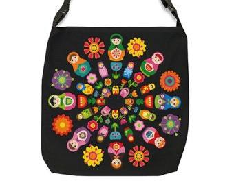 Adjustable Cross Body Tote Bag Hobo Style Lightweight Portable Bag featuring Russian Nesting Dolls and Flowers
