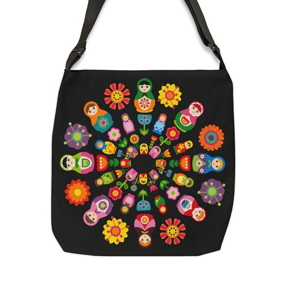 Adjustable Cross Body Tote Bag Hobo Style Lightweight Portable Bag featuring Russian Nesting Dolls and Flowers